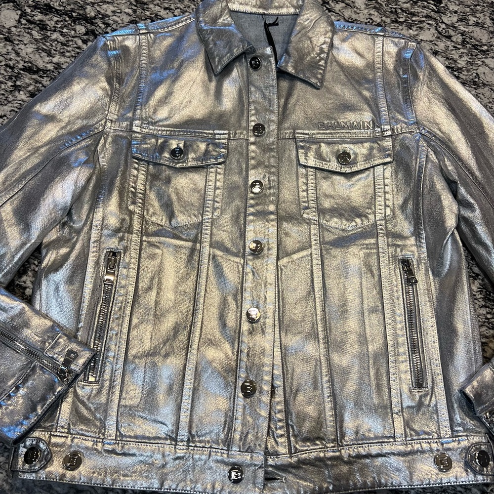 Balmain silver denim jacket- new with tags